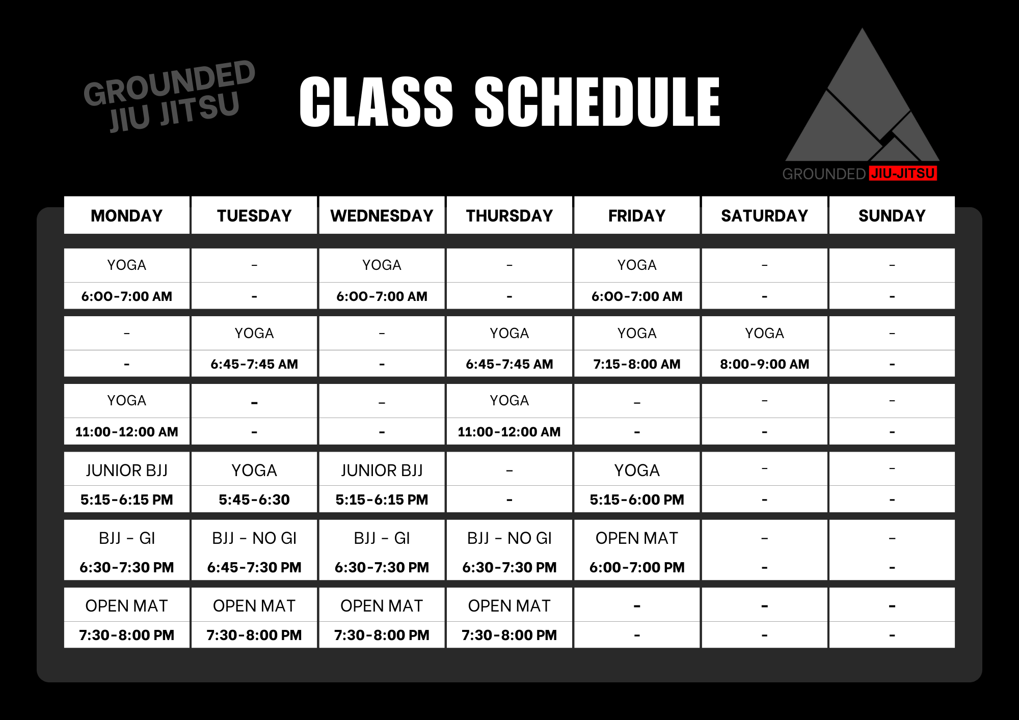 Grounded Brazilian Jiu-Jitsu Class Schedule